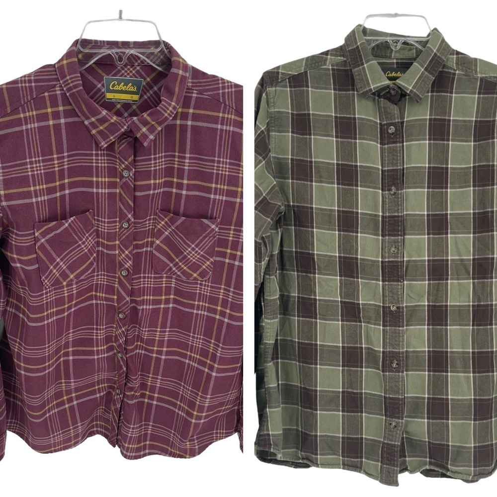 Cabela's Flannel Shirts Women's Size Large Lot Of 2 Pink/green Plaid Long Sleeve
